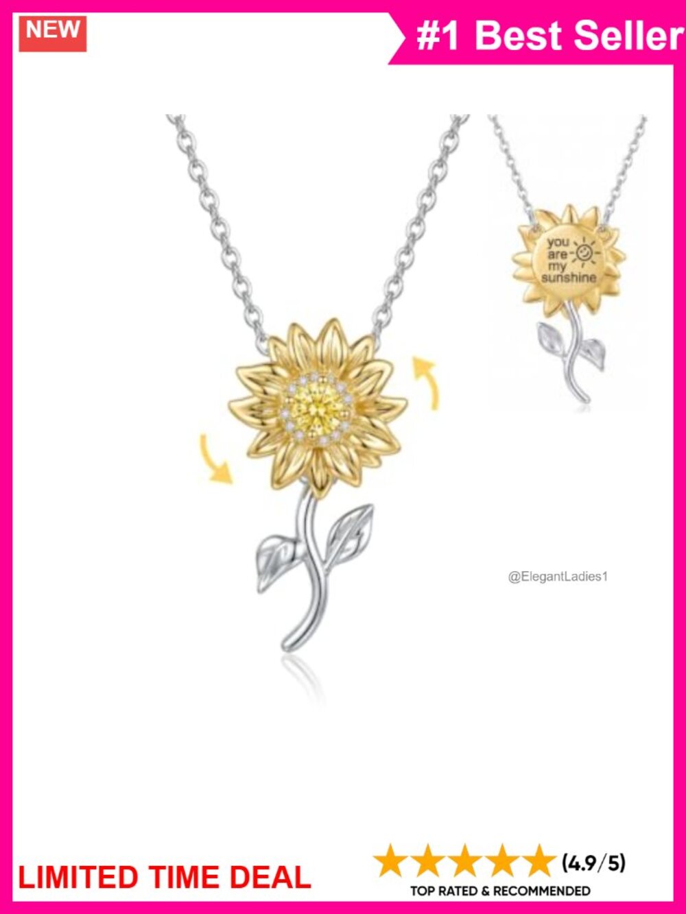 18k White Gold Plated Sunflower Fidget Pendant Necklace Gift for Women